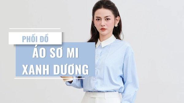Cô gái trẻ phối quần màu vàng pastel với áo sơ mi xanh dương nhạt tạo vẻ ngoài tươi tắn dịu dàng